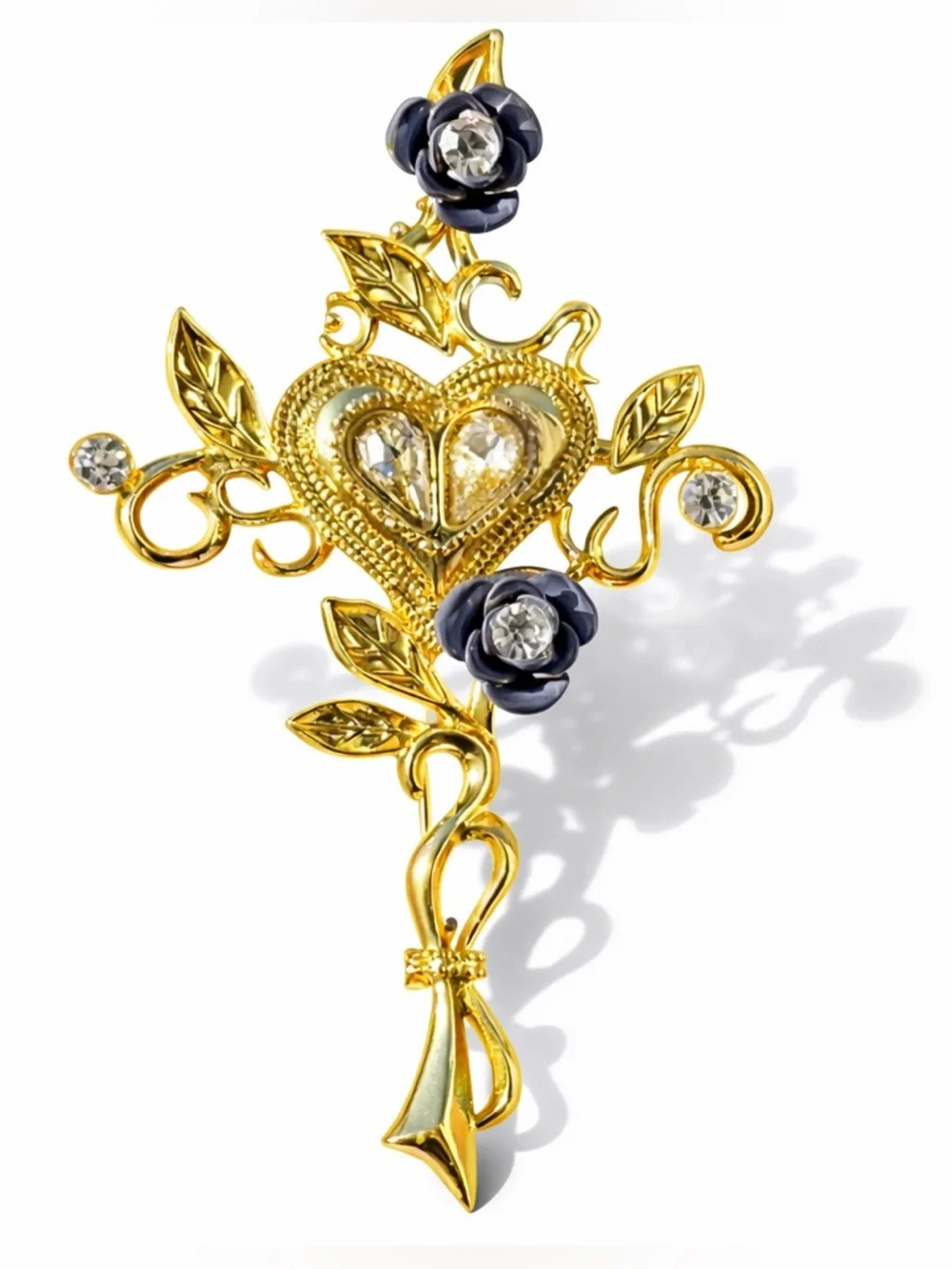 Heart Floral Brooch with Crystals Vintage Style